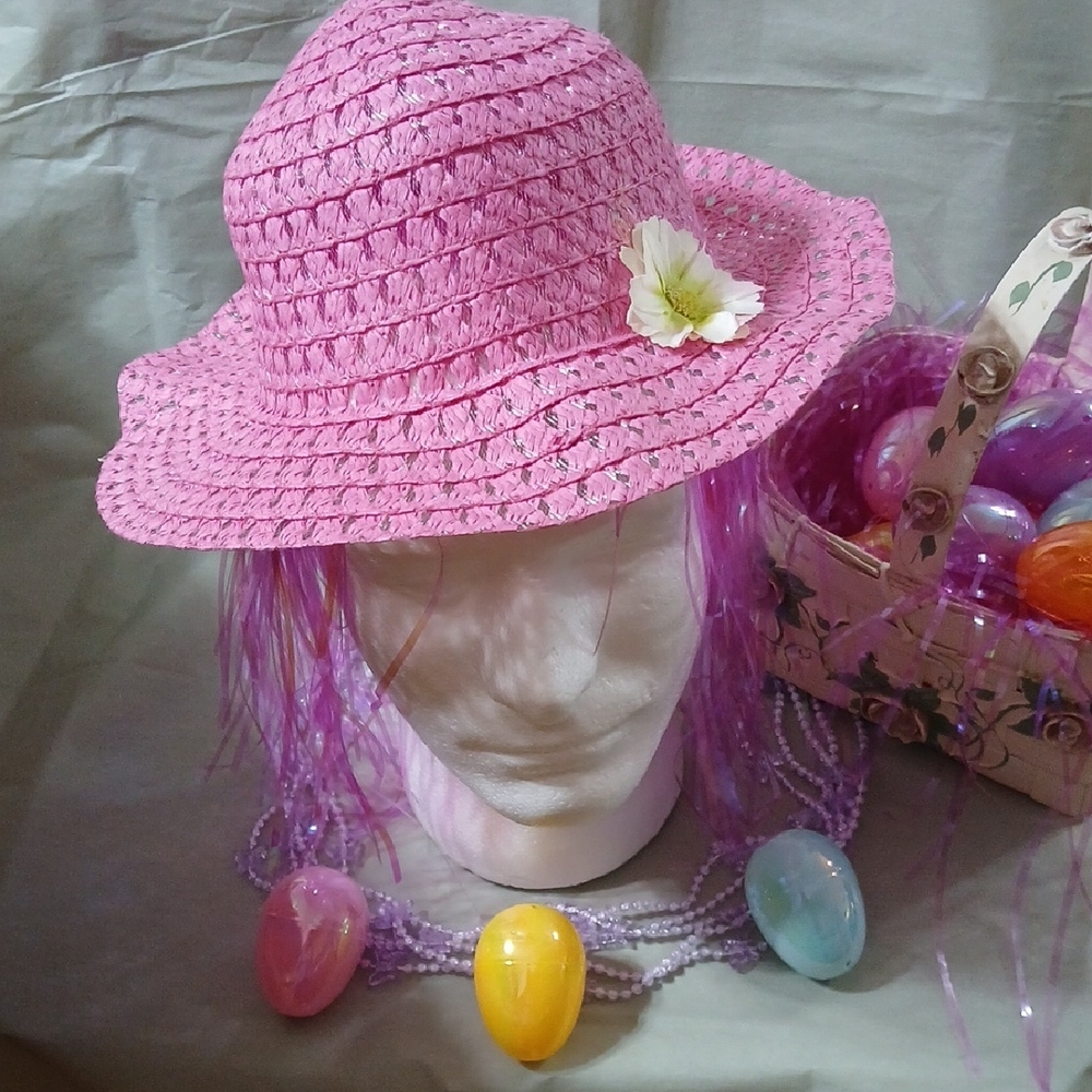 Bright Pink Girls Straw Hat, Open Weave With  Flower (Girls)